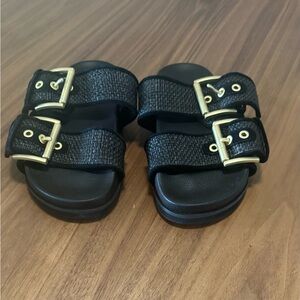 All Saints Black Sandals with Gold Buckles